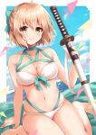  1girl absurdres ahoge aqua_bow bangs bare_shoulders bikini blonde_hair blush bow breasts choker fate/grand_order fate_(series) grey_eyes hair_bow highleg highleg_bikini highres large_breasts looking_at_viewer navel okita_souji_(fate)_(all) okita_souji_(swimsuit_assassin)_(fate) pika_mouse sitting smile swimsuit thighs wariza white_bikini 