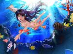  1girl absurdres air_bubble barefoot bikini black_hair blue_eyes blue_flower breath bubble coral fish flower freediving hair_flower hair_ornament highres light_rays long_hair manta_ray ocean ocean_bottom open_mouth original refile sunlight swimming swimsuit underwater very_long_hair yellow_bikini 