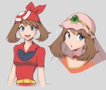  1girl artist_name bangs blue_eyes brown_hair collared_shirt commentary eyebrows_visible_through_hair eyelashes grey_background may_(pokemon) milka_(milk4ppl) open_mouth pokemon pokemon_(anime) pokemon_rse_(anime) red_bandana red_shirt shirt short_sleeves smile solo teeth tongue watermark 