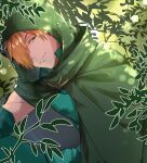  1boy blonde_hair branch cloak fate/extra fate_(series) green_eyes hair_over_one_eye hood hood_up hooded_cloak leaf looking_at_viewer male_focus robin_hood_(fate) shikino_(shodaka) short_hair smile solo type-moon 