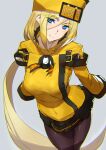  1girl ashiomi_masato black_legwear black_skirt blonde_hair blue_eyes chromatic_aberration coat fur_hat guilty_gear guilty_gear_xrd hat long_hair long_sleeves millia_rage orange_headwear pantyhose pleated_skirt prehensile_hair skirt smile solo ushanka very_long_hair yellow_coat 