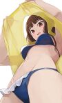  1girl armpits bangs bikini blue_bikini blunt_bangs breasts brown_eyes brown_hair eyebrows_visible_through_hair from_below highres hiroki_(yyqw7151) iino_miko kaguya-sama_wa_kokurasetai_~tensai-tachi_no_renai_zunousen~ lifted_by_self long_hair looking_at_viewer medium_breasts navel open_mouth shirt shirt_lift simple_background solo standing stomach swimsuit white_background yellow_shirt 