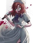  1girl :d black_legwear blood blood_on_face blood_splatter bloody_weapon blue_eyes brown_hair cowboy_shot dress floating_hair highres higurashi_no_naku_koro_ni holding holding_weapon long_dress long_hair looking_at_viewer open_mouth purple_neckwear rappappa_r_tea ryuuguu_rena shiny shiny_hair short_sleeves side_slit smile solo standing thigh-highs weapon white_dress 