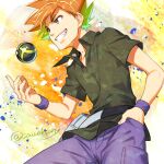  1boy black_shirt blue_oak clenched_teeth collared_shirt commentary_request hand_in_pocket kanimaru male_focus orange_hair pants poke_ball pokemon pokemon_(game) pokemon_frlg purple_pants purple_wristband shirt short_sleeves signature smile solo teeth watermark wristband 