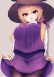  1girl alternate_breast_size black_legwear blonde_hair blush breasts brown_eyes brown_headwear commentary_request darumoon eyebrows_visible_through_hair hair_ribbon hat highres large_breasts long_sleeves looking_at_viewer looking_down moriya_suwako open_mouth pantyhose purple_skirt purple_vest ribbon short_hair_with_long_locks simple_background skirt skirt_hold solo tights_day touhou vest white_sleeves 