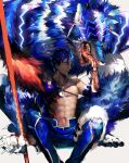  1boy 1other abs beads blood blue_hair bodypaint bracelet claws closed_mouth crescent_necklace cu_chulainn_(fate)_(all) detached_sleeves dog earrings fate/grand_order fate/kaleid_liner_prisma_illya fate/stay_night fate_(series) fur furry gae_bolg hair_beads hair_ornament highres jewelry lancer lancer_(prisma_illya) licking looking_at_viewer male_focus mask muscle nipples pants ponytail red_eyes saliva shirtless short_hair sitting slit_pupils smile spiky_hair strap teeth tongue type-moon whiskers wolf yuu_(guruko) 