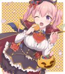  1girl ;d artist_name black_cape black_headwear bloomers breasts candy cape commentary_request food halloween hat hokeki_yougu jack-o&#039;-lantern large_breasts long_sleeves mini_hat one_eye_closed open_mouth pink_hair polka_dot polka_dot_background princess_connect! princess_connect!_re:dive short_hair smile solo tsumugi_(princess_connect!) twintails underwear violet_eyes yellow_background 