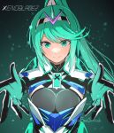  1girl black_gloves breasts chest_jewel copyright_name gloves green_eyes green_hair hairband highres hirotaka_(hrtk990203) large_breasts long_hair pneuma_(xenoblade) ponytail reaching_out smile xenoblade_chronicles_(series) xenoblade_chronicles_2 