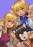  3girls absurdres animal_ear_fluff animal_ears bangs blonde_hair blush brown_hair cat_ears chanta_(ayatakaoisii) chen claw_pose dress eyebrows_visible_through_hair fang fox_ears fox_tail hands_up highres jewelry long_hair looking_at_viewer multiple_girls multiple_tails no_hat no_headwear nose_blush open_mouth purple_background red_eyes red_shirt shirt short_hair simple_background single_earring smile tabard tail touhou upper_body white_dress wide_sleeves yakumo_ran yakumo_yukari yellow_eyes 