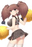  1girl alternate_costume ass atlanta_(kantai_collection) breasts brown_hair cheerleader earrings eyebrows_visible_through_hair grey_eyes highres jewelry kantai_collection large_breasts long_hair looking_at_viewer panties pleated_skirt pom_poms shirt simoyuki skirt solo star_(symbol) star_earrings thigh-highs two_side_up underwear white_legwear white_panties 