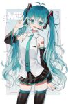  1girl absurdres arm_tattoo bizet blue_eyes blue_hair blue_neckwear character_name commentary detached_sleeves hatsune_miku headset highres looking_at_viewer necktie open_mouth solo tattoo twintails v vocaloid 