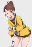  1girl bangs black_shirt brown_hair commentary gloria_(pokemon) gloves grey_background hair_bun highres jacket leaning_forward looking_to_the_side master_dojo_uniform milka_(milk4ppl) open_mouth pokemon pokemon_(game) pokemon_swsh shirt short_hair shorts side_slit side_slit_shorts solo sweat teeth tongue white_gloves yellow_jacket zipper_pull_tab 