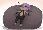  1girl bangs bare_shoulders barefoot black_bodysuit blush bodysuit chibi closed_eyes dark_skin eyebrows_visible_through_hair fate/prototype fate/prototype:_fragments_of_blue_and_silver fate_(series) full_body hair_between_eyes hassan_of_serenity_(fate) highres i.u.y lying on_back parted_lips purple_hair short_hair sleeping solo translation_request 