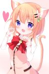  1girl absurdres animal_ears bell bow cat_ears cat_tail eins_9 fang flower gochuumon_wa_usagi_desu_ka? hair_flower hair_ornament highres hoto_cocoa looking_at_viewer open_mouth orange_hair paw_pose pink_background rabbit_house_uniform red_bow short_hair simple_background smile solo tail violet_eyes 