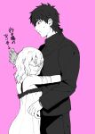  1boy 1girl absurdres bandages claudia_hortensia creat dress eyepatch fate/stay_night fate_(series) highres hug husband_and_wife kotomine_kirei medium_hair monochrome pink_background sweatdrop upper_body 