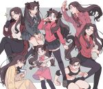  1girl age_progression black_hair blue_eyes cup dress fate/stay_night fate_(series) hair_ribbon highres jewelry korean_commentary long_hair necklace older pajamas redmin_0415 ribbon sparkle sportswear sword teacup tohsaka_rin twintails weapon younger 