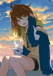  1girl :d absurdres amicia_michella artist_name blonde_hair blue_jacket blurry blurry_background brown_hair clouds cup depth_of_field drawstring green_eyes highres holding holding_cup hood hoodie jacket lazycoffee_(wyen_iscordo) long_hair long_sleeves messy_hair mug multicolored_hair nijisanji nijisanji_id off_shoulder sitting sky smile solo steam sunrise two-tone_hair 