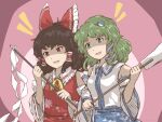  2girls ascot bangs bare_shoulders blue_skirt bow brown_background brown_hair collar collared_dress detached_sleeves dress eyebrows_visible_through_hair false_smile frog_hair_ornament gohei green_eyes green_hair hair_ornament hair_tubes hairpin hakurei_reimu hands_up kakera_(comona_base) kochiya_sanae long_sleeves looking_to_the_side multiple_girls open_mouth pink_background red_bow red_dress red_eyes shaded_face shirt short_hair skirt sleeveless sleeveless_shirt smile snake_hair_ornament touhou white_shirt white_sleeves wide_sleeves yellow_neckwear 