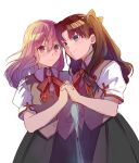  2girls blue_eyes brown_hair creat fate/stay_night fate_(series) hair_ribbon highres holding_hands homurahara_academy_uniform long_hair matou_sakura multiple_girls purple_hair ribbon siblings simple_background sisters smile tohsaka_rin violet_eyes white_background 