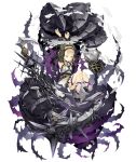  1girl arms_up blonde_hair bracelet briar_rose_(sinoalice) dress eyebrows_visible_through_hair flat_chest frilled_dress frilled_hairband frills full_body hairband half-closed_eyes jewelry ji_no looking_at_viewer official_art scythe sinoalice solo spiked_anklet spiked_armlet spiked_bracelet spikes tattoo thorns transparent_background yellow_eyes 