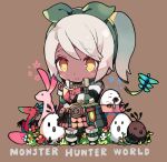  1girl animal armor bangs belt blush_stickers book bookmark boots bow brown_background brown_belt bug chibi copyright_name dark_skin eyebrows_visible_through_hair faulds flower full_body green_bow green_footwear green_hairband hairband hiyunagi holding holding_book insect long_sleeves monster_hunter monster_hunter:_world open_book original parted_lips ponytail pouch reading red_flower short_hair shoulder_armor sidelocks simple_background sleeping spaulders standing swept_bangs white_flower white_hair wing_collar yellow_eyes yellow_flower 