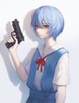  1girl absurdres artist_name ayanami_rei bangs blue_dress blue_hair closed_mouth commentary dress expressionless finger_on_trigger gun hair_between_eyes hand_up handgun highres holding holding_gun holding_weapon looking_at_viewer neck_ribbon neon_genesis_evangelion pale_skin pinafore_dress pistol red_eyes red_ribbon ribbon romaji_commentary school_uniform shadow shirt short_hair short_sleeves solo upper_body weapon white_background white_shirt zieru 