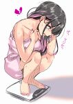  1girl absurdres bangs bare_shoulders black_hair broken_heart commentary eyebrows_visible_through_hair eyes_visible_through_hair highres himekawa_(shashaki) holding holding_towel long_hair mole mole_under_eye multicolored_hair naked_towel original pink_hair pink_nails pink_towel purple_nails shashaki sidelocks squatting toenail_polish towel translated two-tone_hair violet_eyes weighing_scale wet wet_hair white_background 
