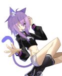  1girl absurdres animal_ears cat_ears cat_girl cat_tail cowlick cropped_shirt ghost_(tama) highres hololive looking_at_viewer medium_hair navel nekomata_okayu one_eye_covered purple_hair solo tail tongue tongue_out violet_eyes virtual_youtuber 