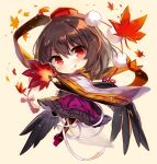  1girl :q autumn_leaves bangs black_hair black_legwear black_wings blush brown_background brown_scarf chibi closed_mouth commentary_request eyebrows_visible_through_hair fan feathered_wings frilled_skirt frills full_body fuupu geta hair_between_eyes hat highres holding holding_fan leaf leaf_fan long_sleeves looking_at_viewer low_wings maple_leaf mini_hat pantyhose pom_pom_(clothes) purple_footwear purple_skirt red_eyes red_headwear ribbon ribbon-trimmed_skirt ribbon-trimmed_sleeves ribbon_trim scarf shameimaru_aya simple_background skirt smile solo tengu-geta tokin_hat tongue tongue_out touhou v-shaped_eyebrows white_ribbon wide_sleeves wings 