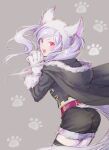  1girl animal_ears belt fire_emblem fire_emblem_awakening fire_emblem_heroes fur_trim gloves grey_background grima_(fire_emblem) halloween_costume long_sleeves open_mouth paw_gloves paws red_eyes robin_(fire_emblem) robin_(fire_emblem)_(female) shorts simple_background solo t_misaomaru tail twintails white_hair wolf_ears wolf_tail 