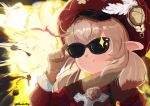  1girl adjusting_eyewear artist_name blonde_hair bomb charm_(object) clover genshin_impact gloves hat hat_feather highres hottodg klee_(genshin_impact) pointy_ears smile sparkle sunglasses 