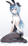  1girl absurdres alternate_costume animal_ears ass back backless_outfit bare_back bare_shoulders black_hairband black_legwear black_leotard blue_hair breasts bunny_tail closed_mouth fake_animal_ears fake_tail from_side full_body ganyu_(genshin_impact) genshin_impact hairband highres horns kneeling leotard long_hair looking_at_viewer looking_to_the_side no_shoes pantyhose playboy_bunny rabbit_ears signature simple_background small_breasts smile snozaki soles solo tail very_long_hair violet_eyes white_background 