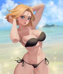  1girl alternate_costume android_18 aqua_eyes arms_up artist_name beach bikini black_bikini blonde_hair breasts cowboy_shot dragon_ball dragon_ball_z hongcasso island large_breasts looking_at_viewer navel outdoors parted_lips short_hair solo strapless strapless_bikini swimsuit 