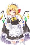  1girl :o alternate_costume apron black_dress blonde_hair bow breasts commentary contrapposto cowboy_shot dress enmaided eyebrows_visible_through_hair flandre_scarlet garter_straps hair_ribbon head_tilt highres kuraaken lifted_by_self light_blush looking_at_viewer maid maid_headdress one_side_up pointy_ears red_eyes ribbon short_hair simple_background skirt skirt_lift small_breasts solo standing thigh-highs touhou waist_apron white_background white_legwear wings yellow_bow yellow_neckwear 