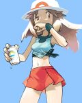  1girl blue_background brown_eyes brown_hair commentary_request donnpati eyelashes fingernails floating_hair half-closed_eye hat highres holding leaf_(pokemon) long_hair looking_to_the_side navel pleated_skirt pokemon pokemon_(game) pokemon_frlg red_skirt shiny shiny_skin shirt skirt sleeveless sleeveless_shirt tied_shirt wet white_headwear wristband 