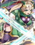  1girl absurdres blonde_hair breasts garter_straps green_eyes guan_yinping highres impossible_clothes impossible_shirt large_breasts open_mouth shin_sangoku_musou shirt slashing sword tagme tea_texiamato thigh-highs twintails weapon 