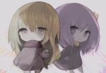  2girls bangs black_dress brown_eyes brown_shirt character_request chibi closed_mouth commentary_request cottontailtokki crown dress eyebrows_visible_through_hair grey_background hair_between_eyes long_sleeves looking_at_viewer mini_crown multiple_girls puffy_long_sleeves puffy_sleeves purple_hair shadowverse shingeki_no_bahamut shirt sleeves_past_wrists smile spinaria_(shingeki_no_bahamut) standing violet_eyes 