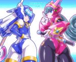  2girls android armor ass bangs blue_eyes bodysuit breasts commentary_request copyright_name flat_chest from_behind gradient gradient_background green_hair hand_on_hip helmet highres holding joints kuroshio_(zung-man) leviathan_(rockman) long_hair looking_at_viewer looking_back marino medium_breasts multiple_girls one_eye_closed parted_lips polearm robot robot_joints rockman rockman_x rockman_x_command_mission rockman_x_dive rockman_zero shiny shiny_clothes shiny_hair smile weapon 