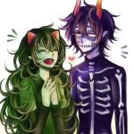  1boy 1girl alien blank_eyes closed_eyes couple facepaint green_hair green_shirt heart highres homestuck horns kurloz_makara long_hair meulin_leijon open_mouth orange_horns own_hands_clasped own_hands_together purple_hair shirt simple_background skeleton_costume smile stitched_mouth stitches troll_(homestuck) white_background yumi_(monorhapsody) 