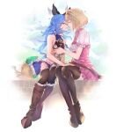  2girls absurdres animal_ears black_legwear blonde_hair blue_hair blue_skirt boots breast_grab breasts brown_legwear closed_eyes couple djeeta_(granblue_fantasy) ferry_(granblue_fantasy) floating_hair frilled_legwear frilled_skirt frills full_body grabbing granblue_fantasy hair_tubes hairband half-closed_eyes heart high-waist_skirt highres imminent_kiss knee_boots long_hair looking_at_viewer looking_to_the_side miniskirt multiple_girls parted_lips pink_hairband pink_skirt reki_(dezuko) shiny shiny_hair shirt short_sleeves sideboob sitting skirt small_breasts thigh-highs white_background white_shirt yuri 