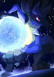  closed_mouth commentary dry_ice energy frown gen_4_pokemon glowing glowing_eyes lucario pokemon pokemon_(creature) solo spikes squatting toes yellow_fur 