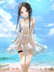  1girl bangs beach black_hair blue_eyes blue_sky blush breasts dress forehead highres jewelry long_hair looking_at_viewer necklace ocean open_mouth original parted_bangs sakazakinchan shore sky small_breasts smile thighs white_dress 