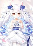  1girl absurdres animal_ears artist_request azur_lane bangs bare_shoulders blush collarbone dress fake_animal_ears flower gloves hair_flower hair_ornament hairband hands_together highres laffey_(azur_lane) long_hair looking_at_viewer pantyhose rabbit_ears red_eyes smile solo strapless strapless_dress tears twintails waist_bow wedding_dress white_dress white_gloves white_hair white_legwear 