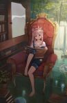  1girl airani_iofifteen bangs barefoot book english_commentary hair_bun highres holding holding_book hololive hololive_indonesia looking_at_viewer pink_hair side_ponytail sitting soedji solo violet_eyes virtual_youtuber 