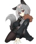  1girl absurdres animal_ears crossed_legs fur_trim ghost_(tama) grey_hair grey_sweater highres looking_at_viewer original sweater tail violet_eyes white_background wolf_ears wolf_tail 