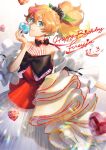  1girl alternate_costume alternate_hairstyle apple aqua_eyes character_name crystal_apple dated food freyja_wion fruit hair_ornament happy_birthday heart heart_hair_ornament highres holding holding_food holding_fruit looking_at_viewer macross macross_delta mosako orange_hair ponytail solo tied_hair 