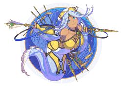  1girl bangs bare_shoulders blue_eyes blue_hair breasts bridal_gauntlets choker closed_mouth dark_skin detached_sleeves dress hat holding holding_staff juliet_sleeves kondou_totetsu large_breasts long_hair long_sleeves looking_at_viewer mermaid monster_girl original parted_bangs puffy_sleeves smile solo staff 