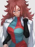  1girl android_21 blue_eyes breasts checkered checkered_dress dragon_ball dragon_ball_fighterz dress earrings grey_background hair_between_eyes hoop_earrings jewelry kemachiku labcoat large_breasts long_hair redhead simple_background solo 