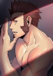  1boy bara blue_eyes brown_hair chest facial_hair fate/grand_order fate_(series) from_side goatee hand_up highres kashi_kosugi light male_focus muscle napoleon_bonaparte_(fate/grand_order) shirtless short_hair sideburns solo spiky_hair whispering 