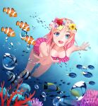  1girl absurdres air_bubble barefoot bikini blonde_hair blue_eyes bracelet bubble coral fish freediving frilled_bikini frills happy highres jellyfish jewelry light_rays multicolored_hair ocean original pink_hair sunlight swimming swimsuit underwater yukine_bell 